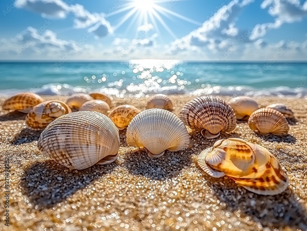 Summer Seashells on a sandy beach with sunlight Summer Seashells on a sandy beach with sunlight
