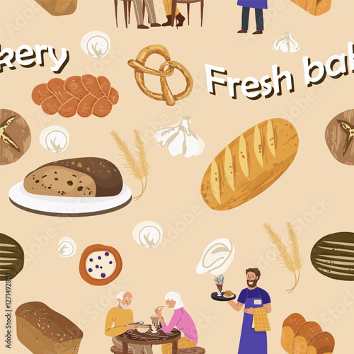 Bakery, fresh bread, dough, cook, bake seamless pattern, candy, background, yeast baked bread.  Vector illustration, hand drawn.