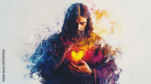 A radiant figure of Jesus holding a glowing heart, symbolizing love, faith, compassion, and divine energy

