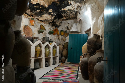 Ksar Tamezret, villaggio fortificato Berbero ancora abitatocomposto da granai e abitazioni costruiti all'interno di un muro di cinta difensivo. photo