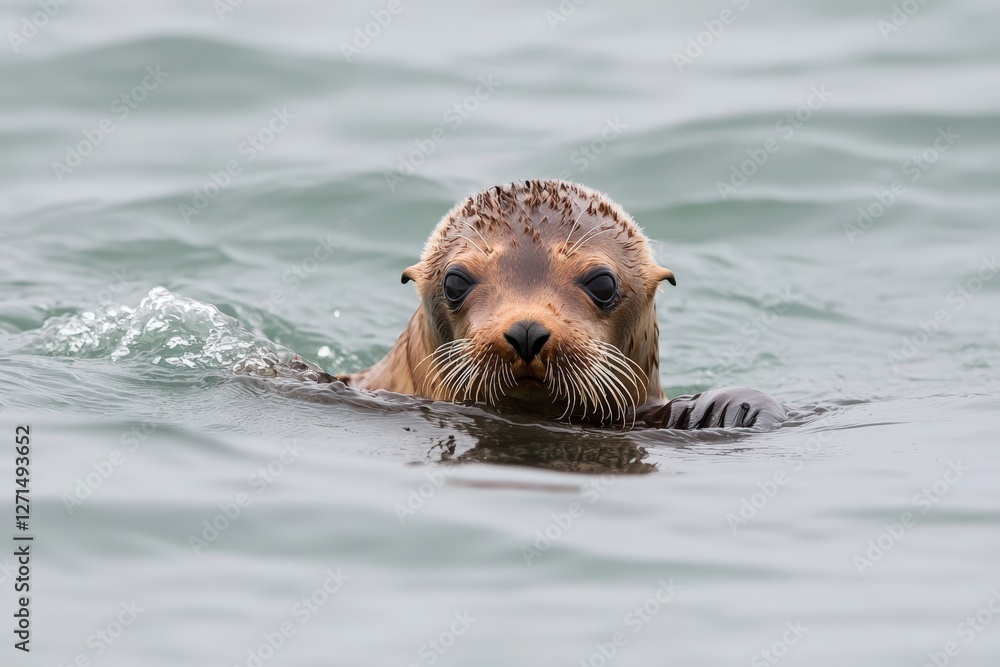 Fototapeta premium Curious sea otter swimming in calm waters