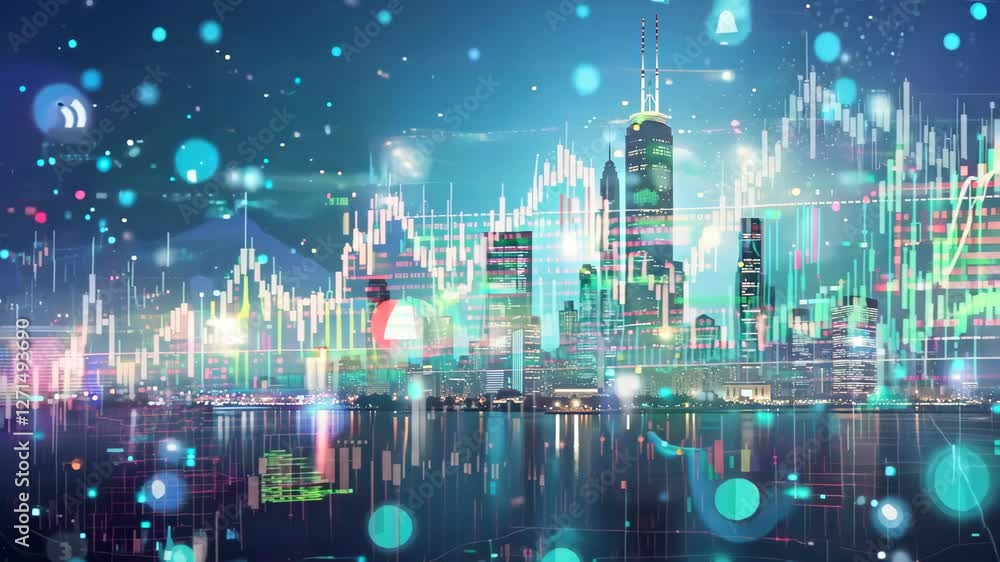Modern City Skyline with Digital Data Overlay and Financial Growth Modern City Skyline with Digital Data Overlay and Financial Growth