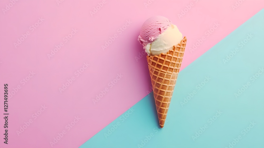 Delicious ice cream cone featuring pink and white scoops set against a pastel pink and blue background Delicious ice cream cone featuring pink and white scoops set against a pastel pink and blue background