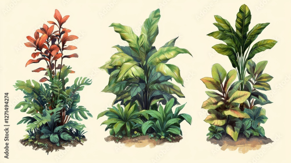 Fototapeta premium A set of jungle plants in a hand-drawn style