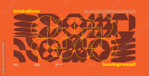 Brutalism abstract vector orange background with Postmodern geometric graphic shapes in Y2K aesthetics, trendy colorful modernism artwork banner, various brutal form and line elements