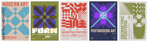 Set modern art colorful trendy poster, abstract geometric A4 composition graphic in Y2K aesthetics, vector simple shapes rave print artwork modernism and minimalistic brutalism style, mix set 5 photo