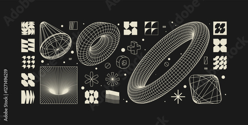 Vector graphic assets kit acid style, Postmodern abstract geometric shapes with wireframe elements of different forms, Y2K trendy design  in brutalism aesthetics, template symbols set 3