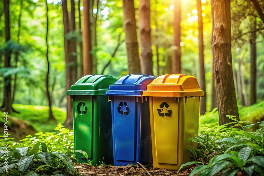 Stunning forest recycling bins, AI-photographed. Stunning forest recycling bins, AI-photographed.