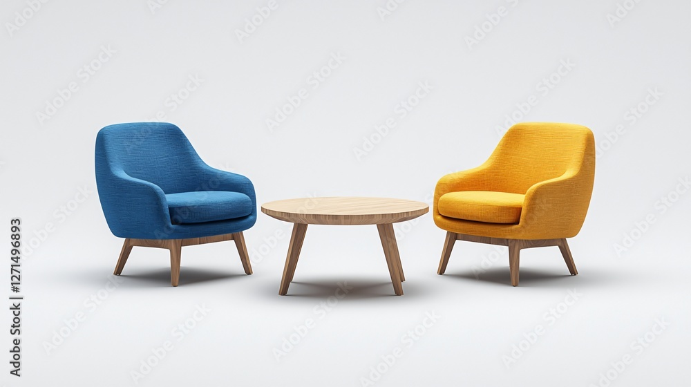 Blue and yellow armchairs, wooden coffee table, minimalist waiting room Blue and yellow armchairs, wooden coffee table, minimalist waiting room
