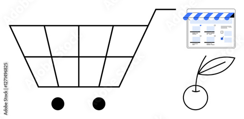 Shopping cart, storefront with blue-striped awning, checklist, and cherry. Ideal for e-commerce, grocery delivery, retail business, shopping apps, online stores consumer goods commerce strategies