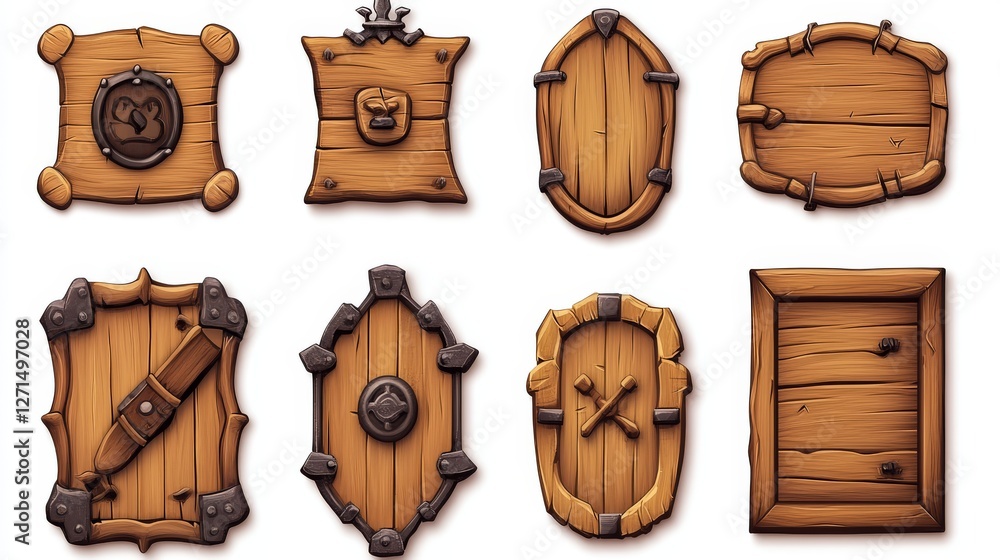 Naklejka premium A set of wooden plaques, game-style icons for the game isolated on a white background