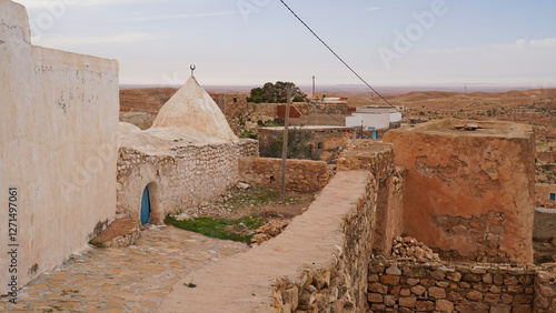 Ksar Tamezret, villaggio fortificato Berbero ancora abitatocomposto da granai e abitazioni costruiti all'interno di un muro di cinta difensivo. photo