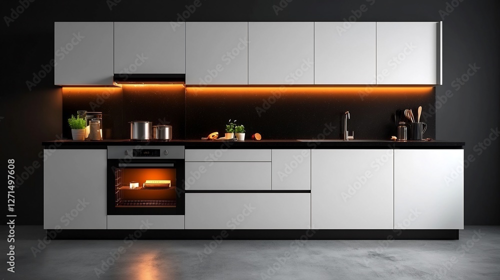 Modern Minimalist Kitchen Mockup, Sleek Design with Warm Lighting Modern Minimalist Kitchen Mockup, Sleek Design with Warm Lighting