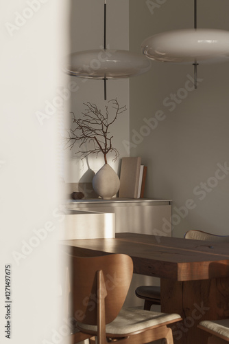Neutral  wabi sabi style dining  room with solid oak dining table, two oval hanging lamps, handmade clay vase with irregular brunch. aesthetic interior concept and slow living concept.