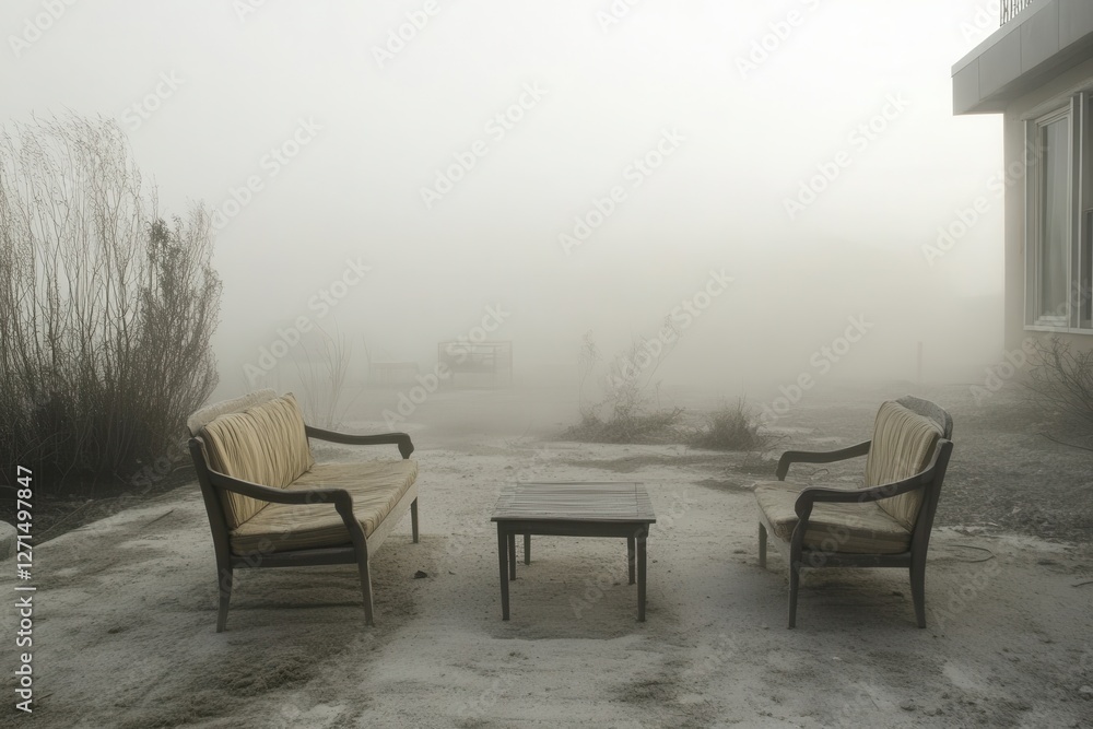 Obraz premium A residential area with a thin layer of dust on outdoor furniture and the surrounding environment obscured by a grey haze .