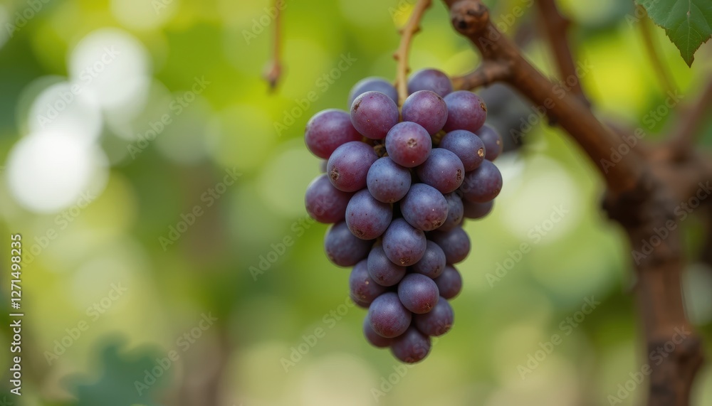 Fresh Bunch of Grapes Hanging from a Vine in a Sunlit Vineyard Surrounded by Lush Green Leaves Fresh Bunch of Grapes Hanging from a Vine in a Sunlit Vineyard Surrounded by Lush Green Leaves