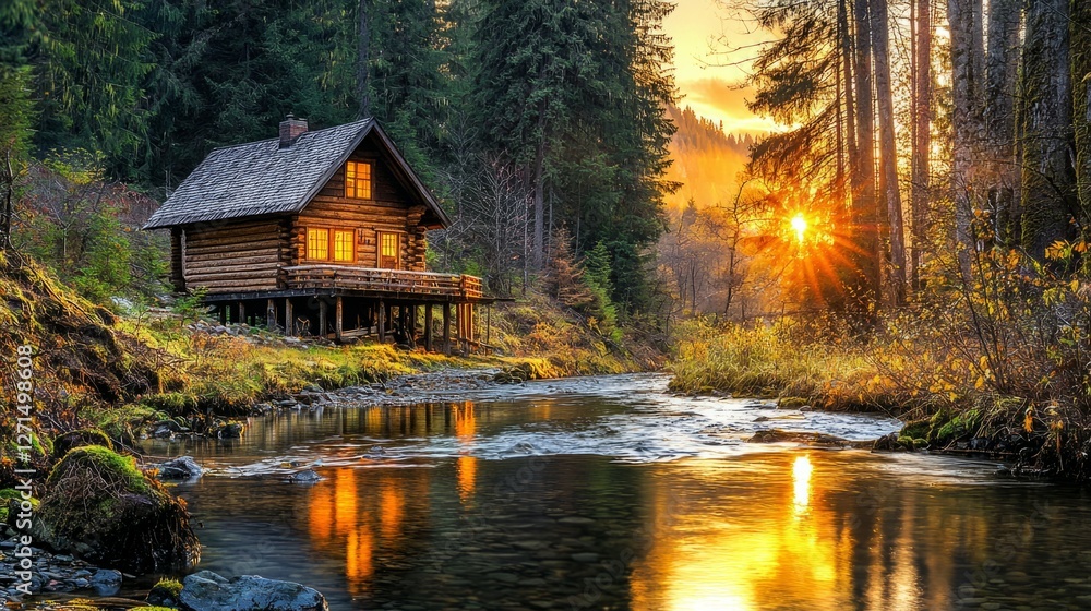 Fototapeta premium Cozy wooden cabin by gentle stream at sunset in tranquil forest