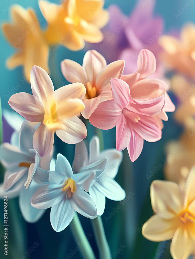 Fototapeta premium Colorful blooming flowers in soft focus during early spring. Generative AI