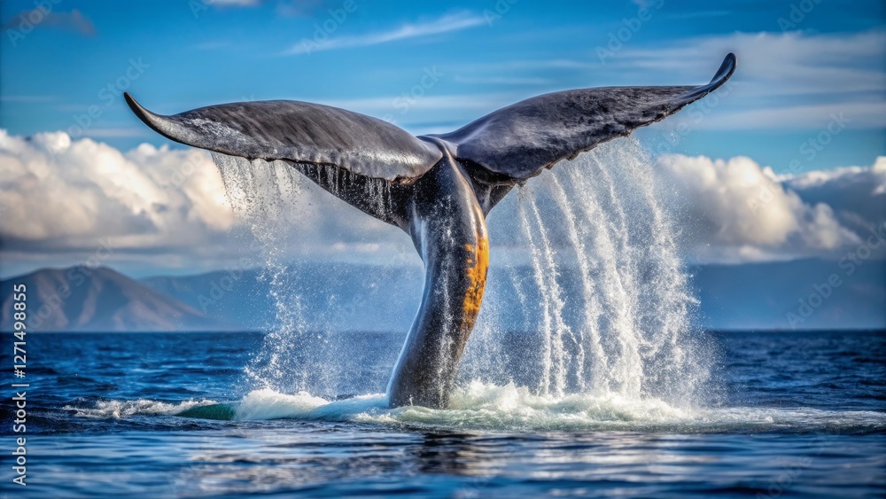 Obraz premium Majestic Whale Fluke Emerges from Ocean Depths, Cascading Water in a Breathtaking Display of Aquatic Grace