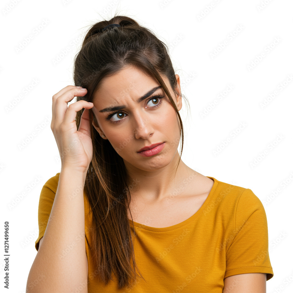 A beautiful Spanish woman with long, dark brown hair tied in a loose ponytail, tilting her head slightly and scratching it with an uncertain look A beautiful Spanish woman with long, dark brown hair tied in a loose ponytail, tilting her head slightly and scratching it with an uncertain look