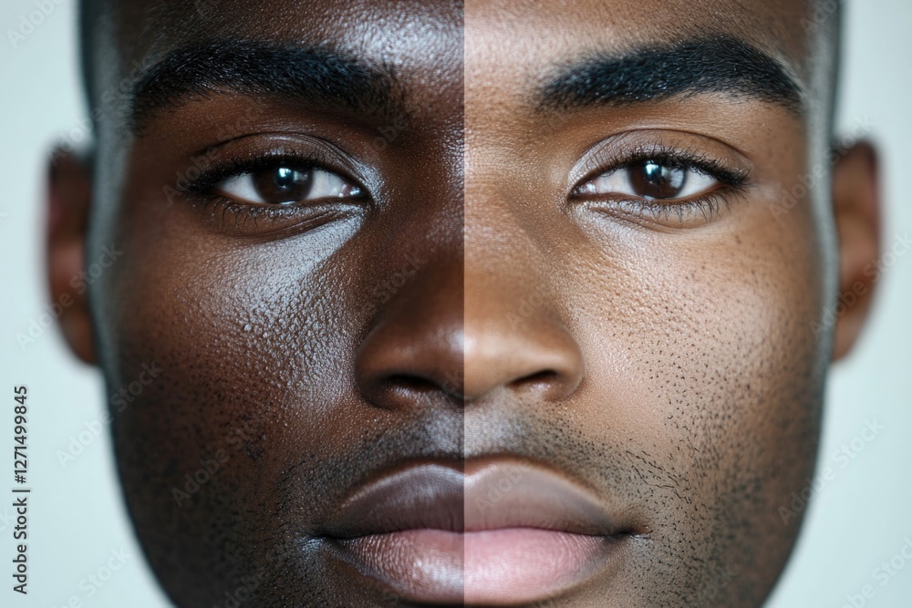 An artistic split portrait showcasing diverse human features, highlighting the contrast between two distinct skin tones, exploring beauty and individuality through photography. An artistic split portrait showcasing diverse human features, highlighting the contrast between two distinct skin tones, exploring beauty and individuality through photography.