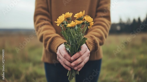 Person holding bouquet of yellow flowers in field photo