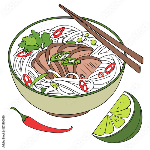 Vietnamese Pho Noodle Soup with Beef and Fresh Herbs Isolated. Perfect for: Vietnamese New Year, Lunar New Year, street food festivals, Vietnamese restaurants