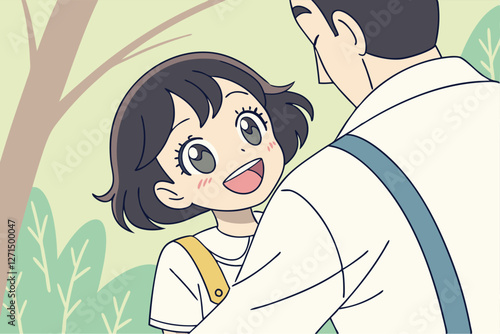   A digital illustration of a young girl with short, wavy black hair and big, expressive eyes, wearing a white shirt and yellow overalls, happily hugging a man in a white shirt with a blue suspenders