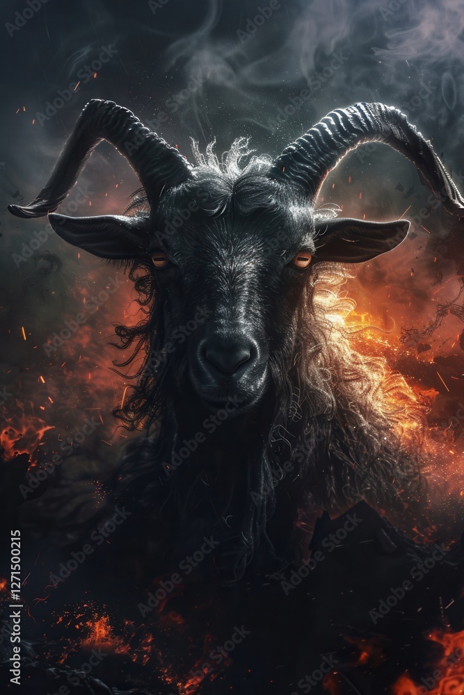 A dramatic close-up of a dark goat with fiery elements in the background, evoking a sense of mystery and intensity. A dramatic close-up of a dark goat with fiery elements in the background, evoking a sense of mystery and intensity.