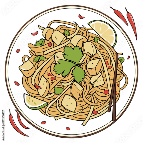Thai Chicken Pad Thai with Peanuts and Lime Isolated. Perfect for: Thai New Year (Songkran), Thai street food markets, Asian food promotions, travel guides