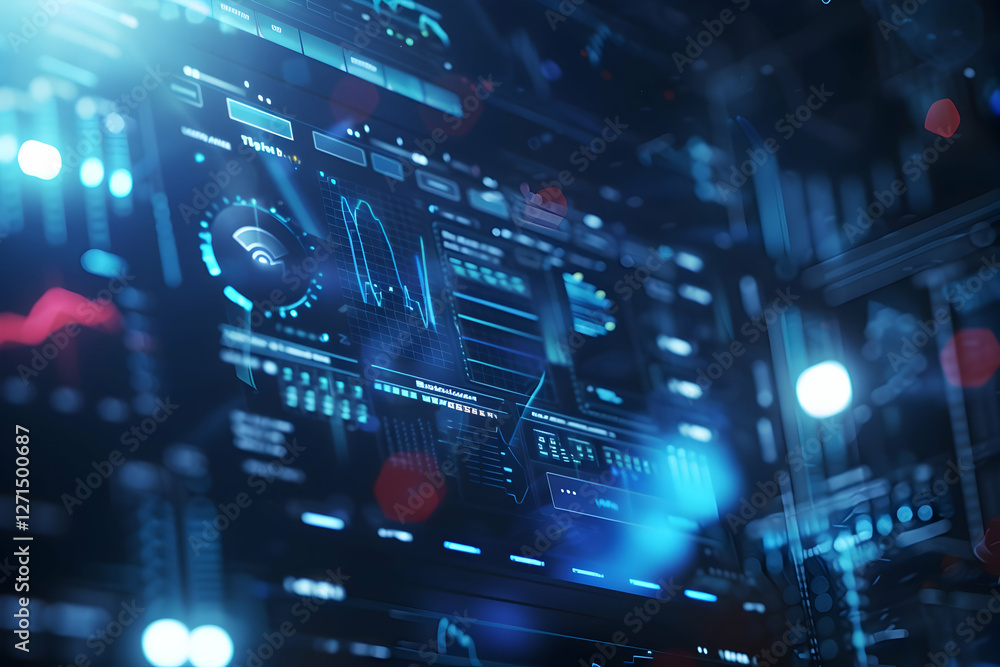 Obraz premium Futuristic digital interface displaying data analytics and graphs in a high-tech environment