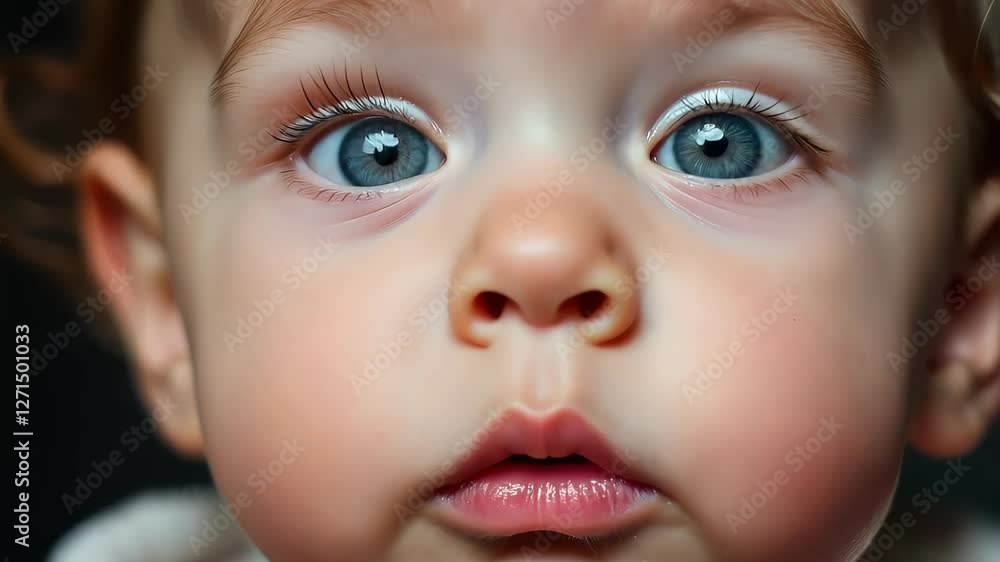 Close-Up of Curious Baby with Bright Blue Eyes and Soft Hair Close-Up of Curious Baby with Bright Blue Eyes and Soft Hair