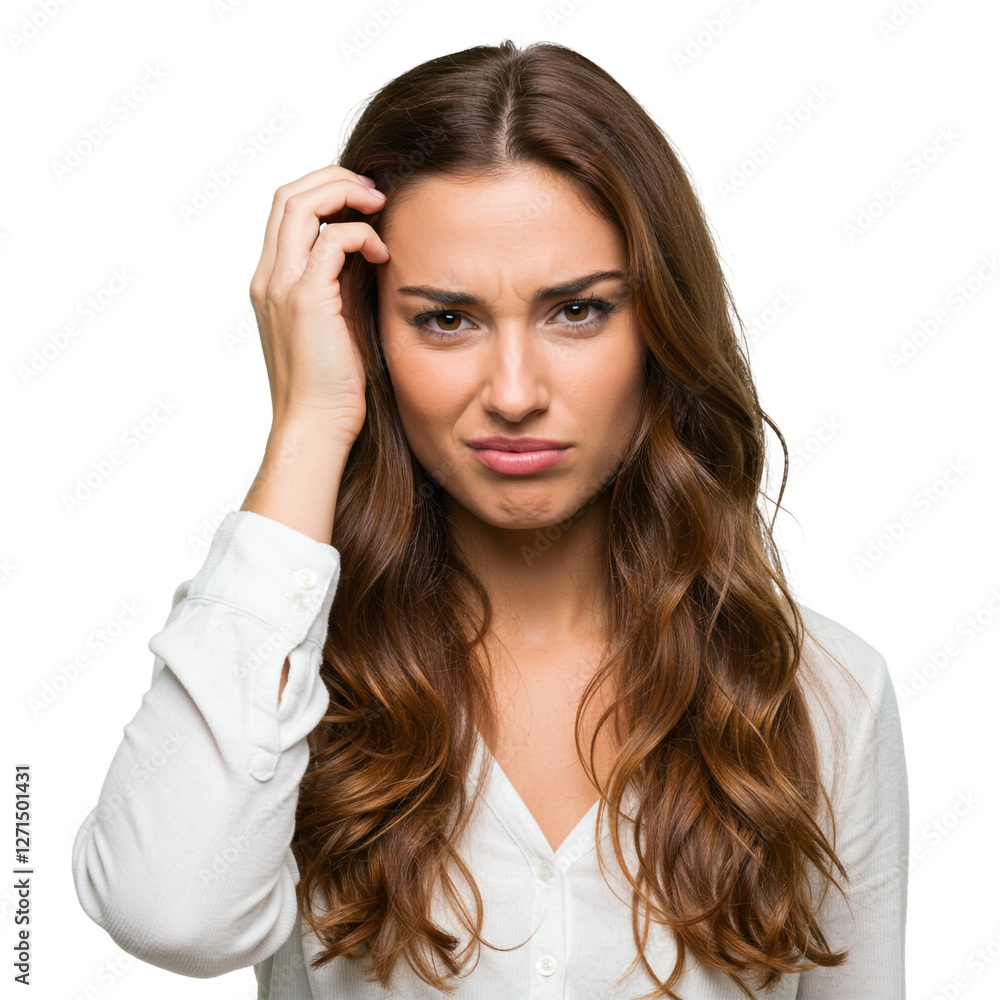 A high-resolution image of an attractive Italian woman with long, wavy chestnut hair, scratching her head lightly with a thoughtful frown A high-resolution image of an attractive Italian woman with long, wavy chestnut hair, scratching her head lightly with a thoughtful frown