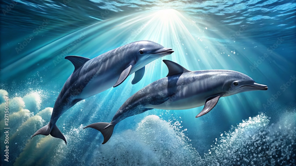 Fototapeta premium Oceanic Grace Two Dolphins Swimming in Sunlit Waters, Bubbles and Waves Surrounding Them