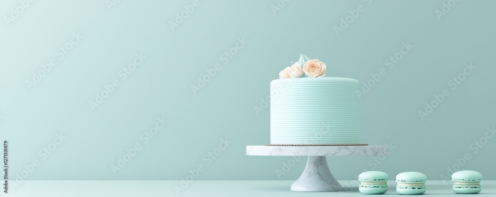 Elegant Cake Display with Macarons Soft Blue Background Food Photography Minimalistic Style Elegant Cake Display with Macarons Soft Blue Background Food Photography Minimalistic Style