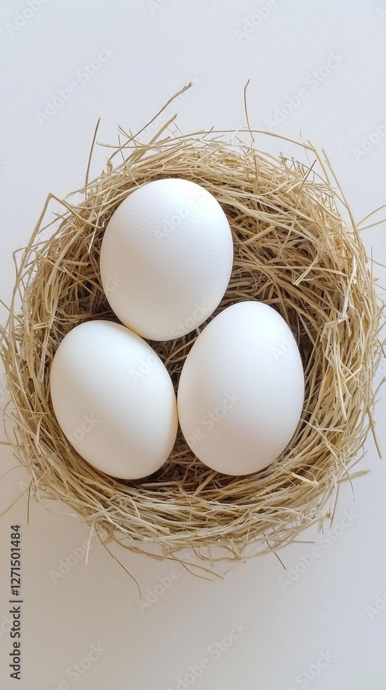 Three pristine white eggs rest gently in a carefully crafted nest of straw, showcasing the beauty of nature's creation. This tranquil moment hints at the miracle of life waiting to emerge Three pristine white eggs rest gently in a carefully crafted nest of straw, showcasing the beauty of nature's creation. This tranquil moment hints at the miracle of life waiting to emerge