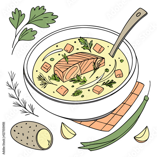 Finnish Salmon Soup with Potatoes and Herbs Isolated. Perfect for: Finnish National Day, Nordic food festivals, winter comfort food promotions