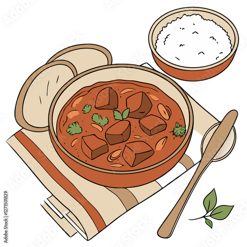Traditional Hungarian Goulash with Bread or Rice. Perfect for: Hungarian cultural festivals, winter comfort food promotions, Eastern European restaurants