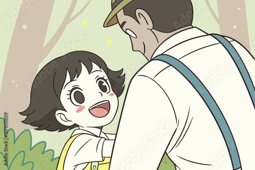   A digital illustration of a young girl with short, wavy black hair and big, expressive eyes, wearing a white shirt and yellow overalls, happily hugging a man in a white shirt with a blue suspenders