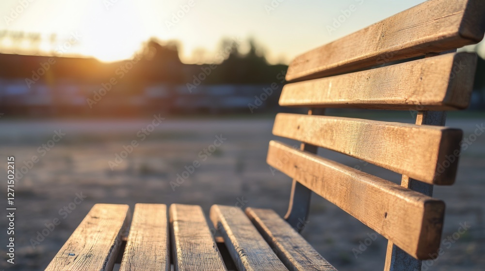 Fototapeta premium Wooden park bench at sunset, empty, peaceful setting, outdoors