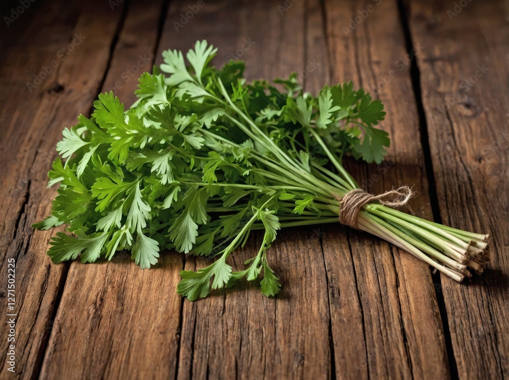 A fresh bunch of vibrant green coriander leaves rests on a rustic wooden surface. A fresh bunch of vibrant green coriander leaves rests on a rustic wooden surface.