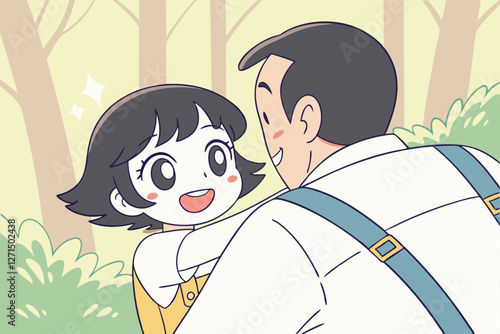   A digital illustration of a young girl with short, wavy black hair and big, expressive eyes, wearing a white shirt and yellow overalls, happily hugging a man in a white shirt with a blue suspenders