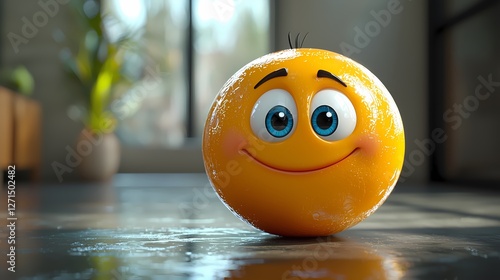Joyful Orb: a photorealistic rendering of a cheerful, expressive emoji with a sunny disposition and a beaming smile, radiating warmth and positivity.