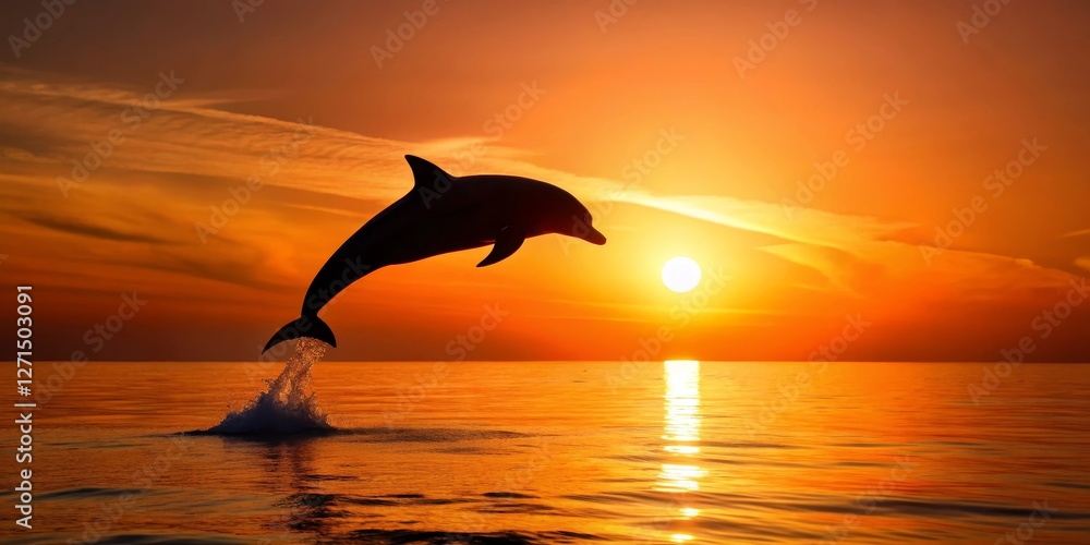 Naklejka premium Silhouette of a dolphin leaping gracefully from the ocean during a vibrant sunset, showcasing the beauty of nature's spectacle