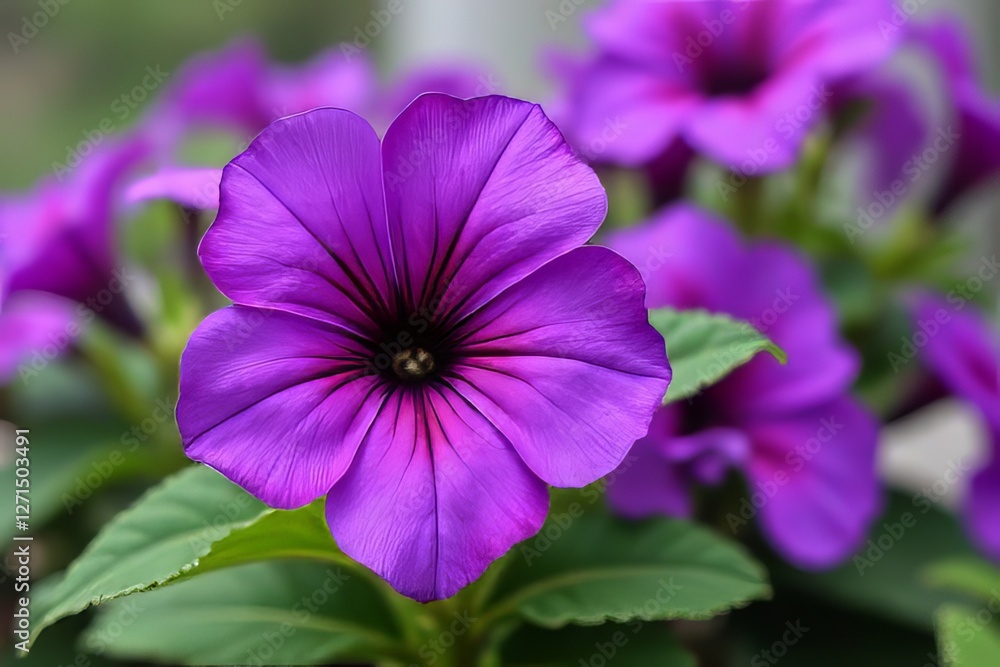 Fototapeta premium Close-up of Vibrant Purple Flowers with Detailed Petals and Green Leaves