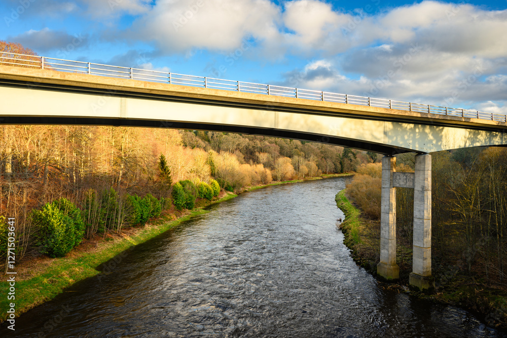 River Tweed flows below modern A68 road bridge at Leaderfoot. The River Tweed is 97 miles long from source to estuary and runs eastward in the Scottish Borders River Tweed flows below modern A68 road bridge at Leaderfoot. The River Tweed is 97 miles long from source to estuary and runs eastward in the Scottish Borders