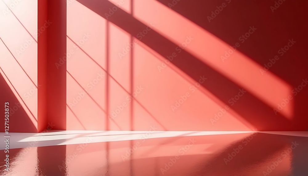 Fototapeta premium Coral Dreamscape, Minimalist Interior with Sunlight and Shadow Play
