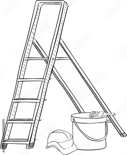 Graphic line vector composition of Ladder, can, bucket with color, brush and protective helmet. Room painter. Construction worker. line draw design vector graphic illustration