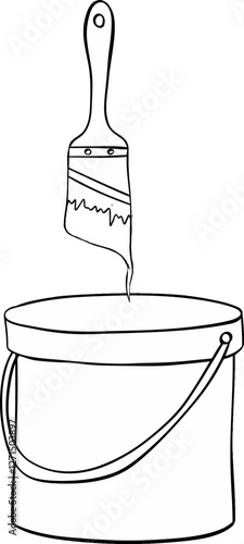Graphic line Paint bucket with brush vector composition isolated on transparent background.