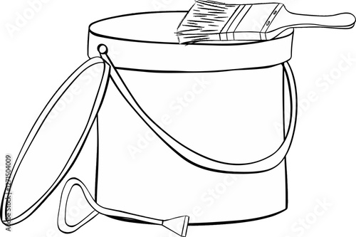 Graphic line vector composition paint can and brush with opener.  illustration liquid color bucket container with paintbrush icon.